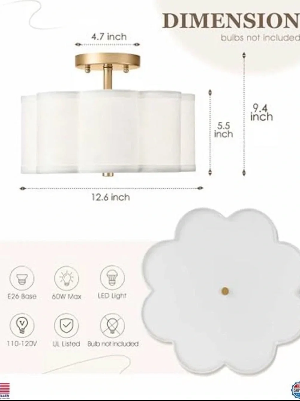 Gold Semi-Flush Ceiling Light with Ivory Fabric Shade